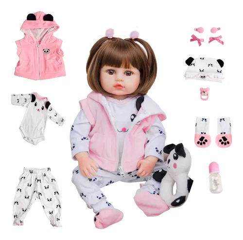 Boneca Reborn Bebê 100% Silicone Menina Panda Olho Castanho 48cm