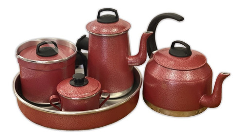 Conjunto Café Bule Chaleira Leiteira Acucareiro Forma Lindo Cor Vermelho