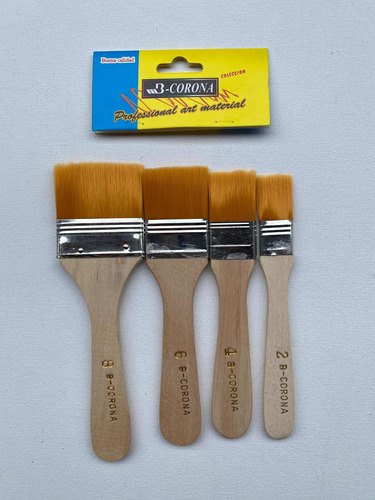 Set 4 Pcs Brocha Pincel Mango Madera Pelo Recto Nylon Orange