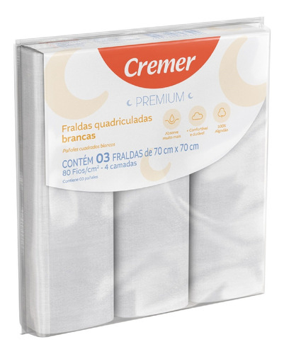 Fralda De Pano Premium Branca Cremer 80 Fios - 3 Unidades Tamanho Recém-nascido (RN)