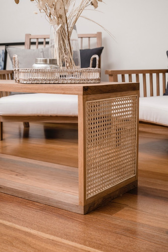 Mesa Baja Centro Banco Banca En Madera Rattan Tejido Ghana