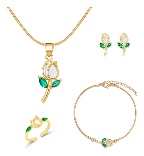 4pcs Pendientes Ycollar Anillo Tulipán Joyería De Moda Dama