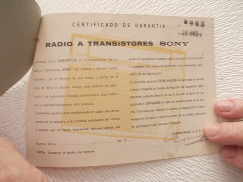9183- Antiguo Garantia Radio Transistor Sony
