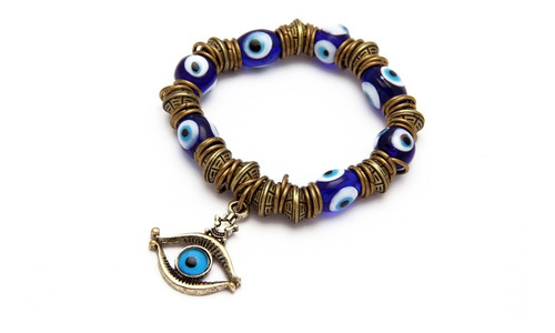 Imagen 4 de 10 de Pulsera Elástica Bronce Con Dije Y Piedras De Ojo Turco
