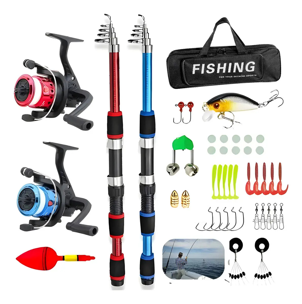 Kits De 2 Cañas De Pescar, 2.1 M, Telescópicas Y Con Carrete Señuelos ,Juego Caña De Pescar Telescópicas Haimo
