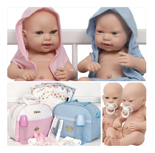 Boneca Reborn Gemeos Casal Com Bolsa Enxoval Corpo De Vinil