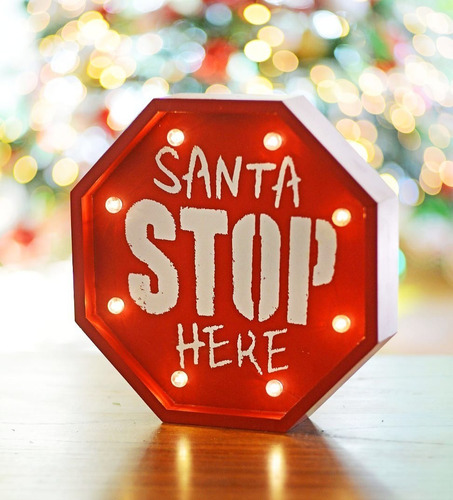 Cartel Importado Led Grande Navidad Santa Stop Here 30 Cm