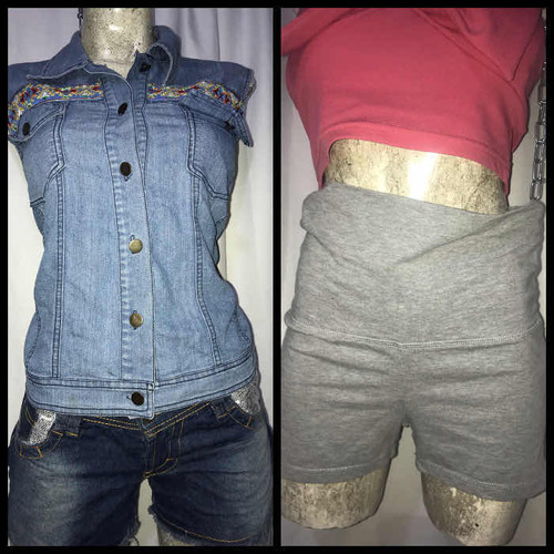 Dúo Chaleco Mezclilla Delgada Bordado Detalle + Short Gris