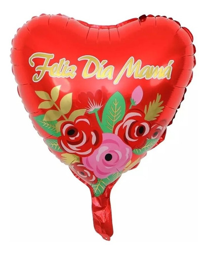 1 Globo Feliz Día Mamá Corazón Rojo Con Flores 
