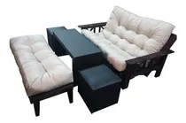 Comprar Futon 3 Cuerpos Lustrado + Banqueta + Mesa Puente + 2 Puff