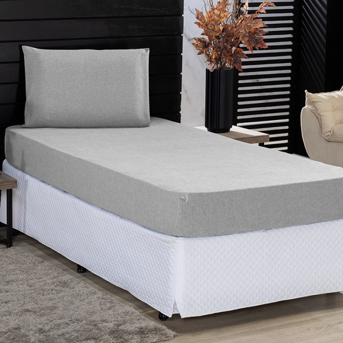 Jogo Roupa Cama Lençol Solteiro 400 Fios 2 Peças Barra Hotel Cor Linho Cinza Desenho do tecido Liso