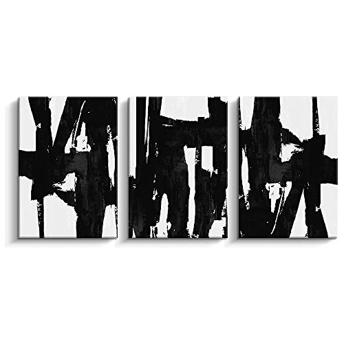 3 Paneles Blanco Y Negro Lienzo Abstracto Arte Mural Te...