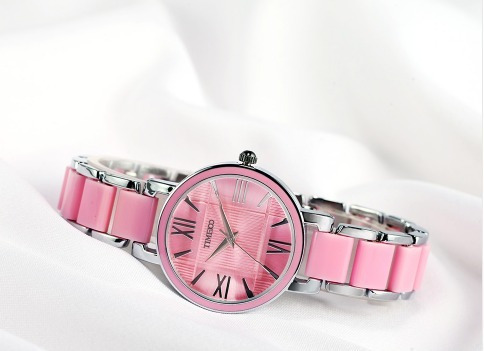 Relógio Feminino Time100, Rosa Simulado Pulseira De Cerâmica