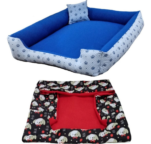 Cama Pra Cachorro Grande Cama Pet + Capa Extra 70x80cm Cor Cama Azul Coroa + Capa Vermelha