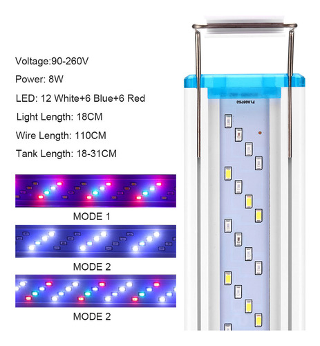 Luz Led Ultrafina Para Acuario, 8 W, Ajustable, 3 Modos De C