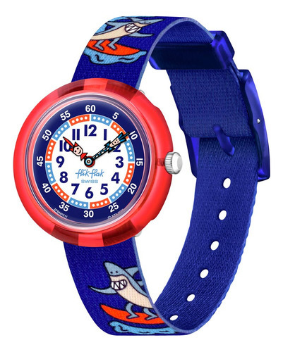 Reloj Flik Flak Tiburores Yeeew Para Niños De Tela Azul Color del bisel Rojo