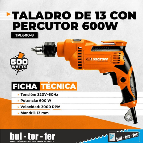 Imagen 3 de 5 de Taladro Percutor Lusqtoff 600w 13mm Vel Variable Reversa