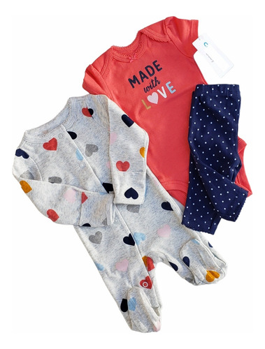 Conjunto Bebe Carters Pijama Body Pantalon Corazones Gris