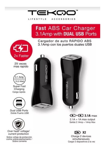 Cargador Para Auto Tekqo A06 Usb X2 3.1a (rápido)