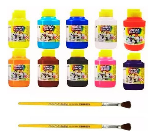Kit 10 Tinta Guache 250ml Acrilex Cores Sortidas Com Pinceis