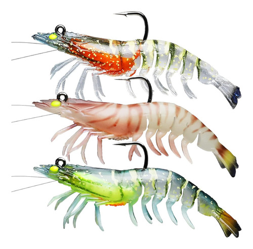 3 señuelos de camaron artificial con anzuelo cabezal integrado de pesca 11 cm 21 g currican gomas blandos reusable realista luminiscente 3 colores robalos pargos curvinas lobinas mar esteros