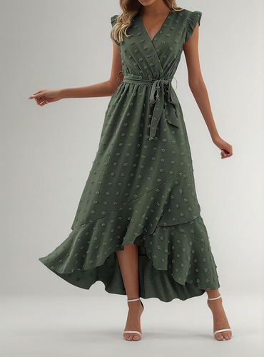 Vestido Casual De Encaje Bordado En Color Liso Con Puños En