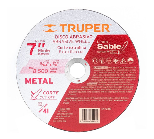Disco Corte Fino Metal Línea Sable 7'' 2mm T 41 Truper 11586