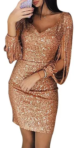Vestido de flecos dorado modelo Xénia — Sarah Fleur