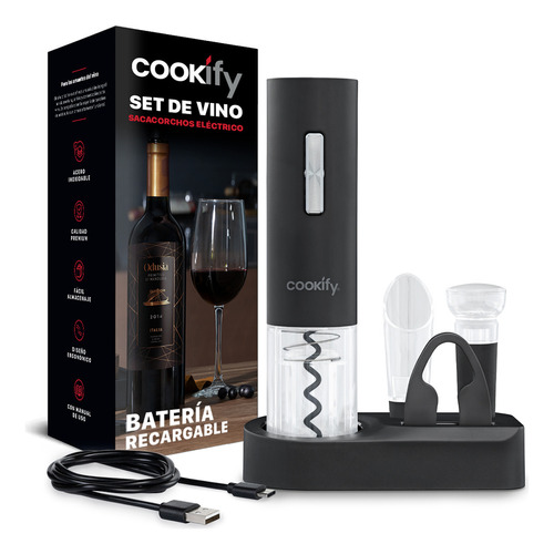 Sacacorchos Eléctrico Recargable Usb Cookify Con Base: 4 En 1 Para Vino, Incluye Cortador, Vertedor/aireador Y Tapón. Perfecto Para Amantes Del Vino, Regalo Ideal, Uso Fácil Y Cómodo 