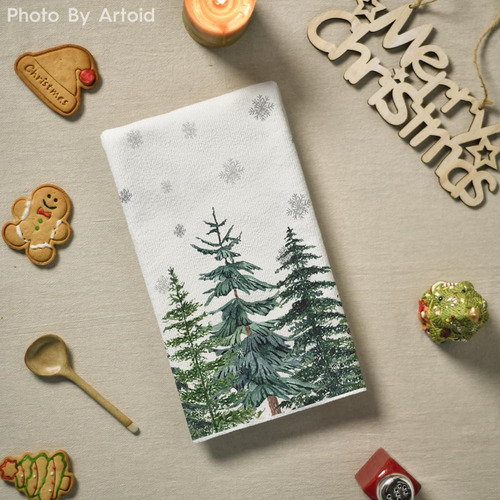Juego 2 Toallas Cocina Alce Arboles Nieve Invierno Navidad Verde, Blanco, Café Navidad