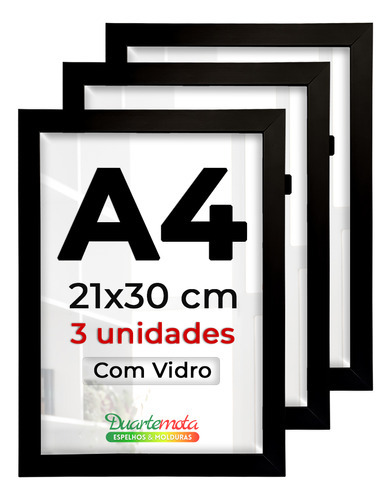 Kit 3 Porta Retrato A4 21x30cm C/ Vidro Certificado Diploma Cor Preto