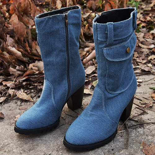 Botas De Piel Vaquera Vintage Con Tacón Grueso For Mujer