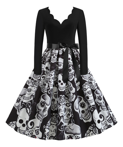 Vestido Elegante Dama Con Estampado Calaveras Para Halloween