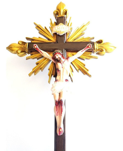 Imagem 3 de 5 de Crucifixo Pedestal Com Resplendor Pontas Flor De Liz 45cm