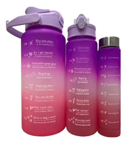 Kit Garrafa Motivacional Água Alça Adesivo 3d 1l 2l Squeeze Cor Roxo/Rosa/Pink