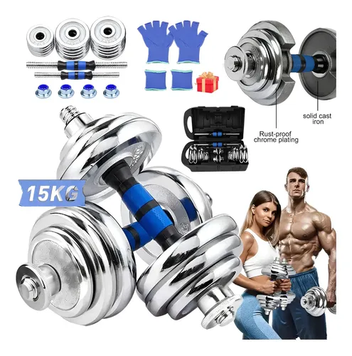 Kit Halteres Ajustáveis De 15kg Para Treino De Força E Fitness Com Barra Conectora Prateado