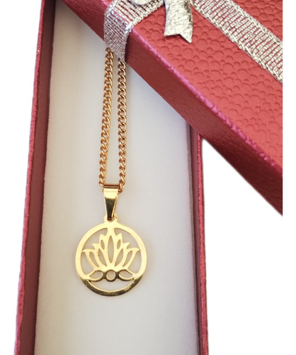 Amuleto Mini Flor De Loto Acero Dorado C/cadena+ Caja
