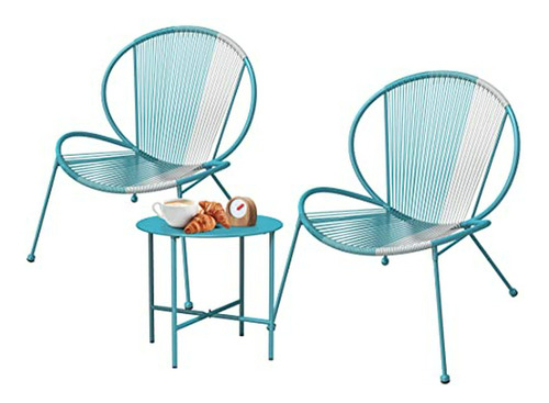 Set De 3 Sillas Acapulco Con Mesa De Café Para Exterior, Azu