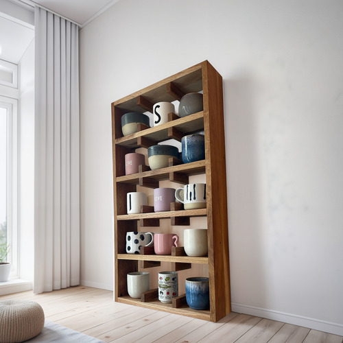 Repisa Organizador De Madera Solida Para 15 Tazas De Café Nogal Claro