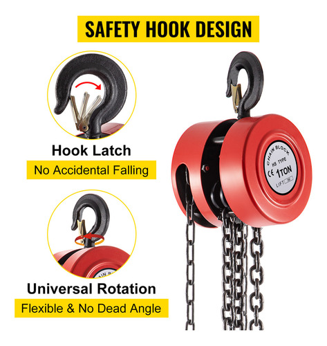 Vevor 1t Polipasto Manual De Cadena Redonda 2200lbs 3m Rojo