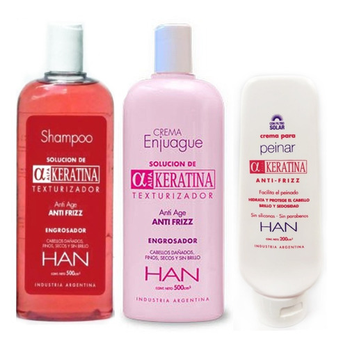 Combo Keratina Han Shampoo + Enjuague 500cm3 + Crema Peinar 