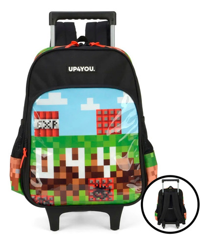 Mochila Escolar Pixels Game Com Alças Rodinha Tam G Meninos Cor Preto Desenho do tecido Minecraft