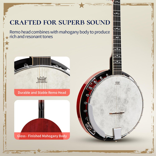 Banjo Aklot, Tamaño Completo, 5 Cuerdas Con Cabeza Remo, 38