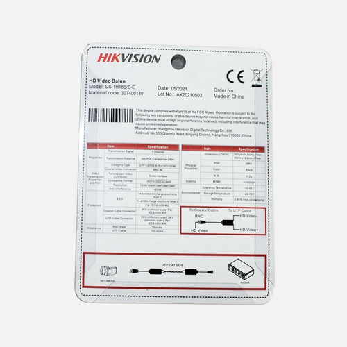 Imagen 2 de 2 de Balun Pasivo De Video Cctv Hikvision Ds-1h18s/e-e(la)
