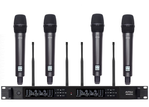 Microfone Sem Fio 4 Canais Uhf Digital Amw Au6000 Pro e Case Cor Cinza escuro