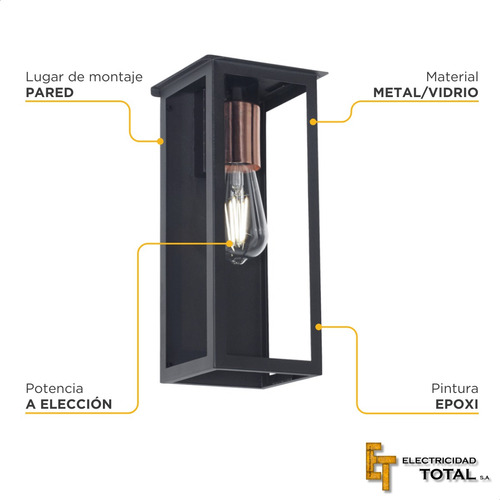 Farol Aplique Lampara Exterior Pared Hierro 3 Caras Vidrio Estructura Negro