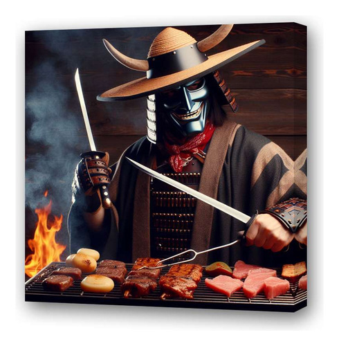 Cuadro 20x20cm Samurai Cocinando Comida Asado Brasas