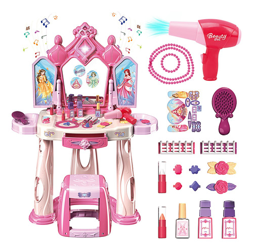 Pretend Play Girls Makeup Table Set With Stoolopen Doors.