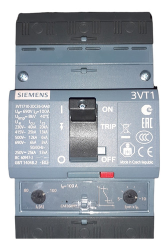 Breaker Interruptor Siemens 3vt1 3x100a 80-100amp Regulable