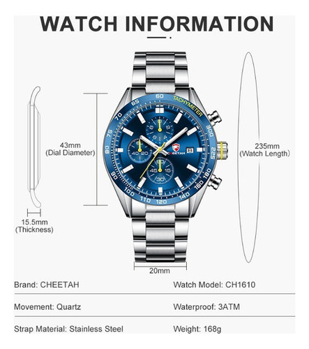 Reloj De Pulsera Luminoso Con Cronógrafo De Lujo Cheetah Color Del Fondo Plateado/azul